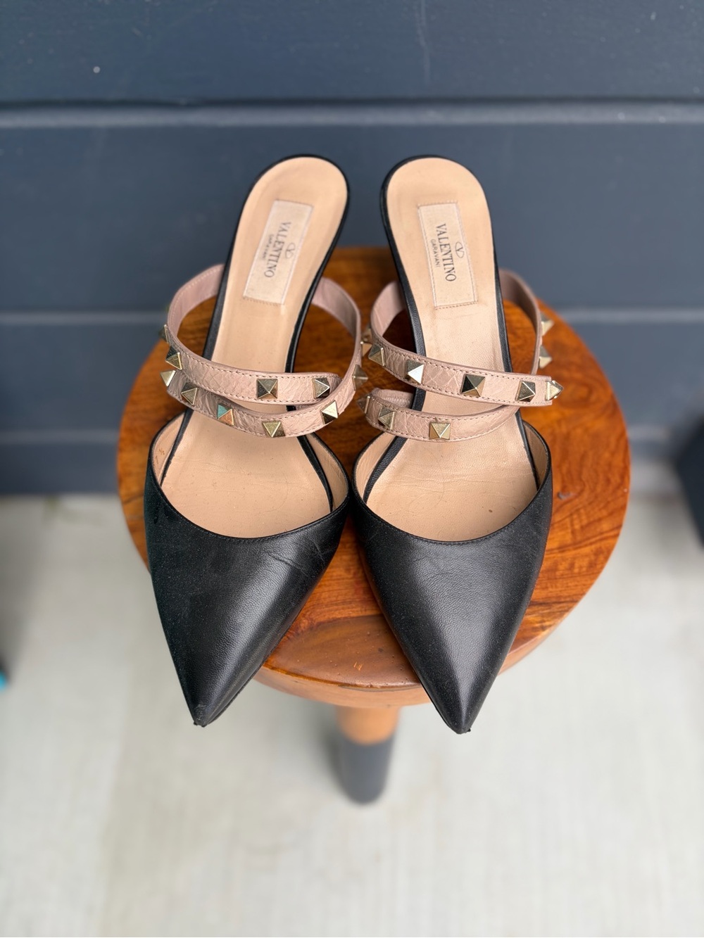 Valentino Black Pointed-Toe Mules with Nude Studded Straps
